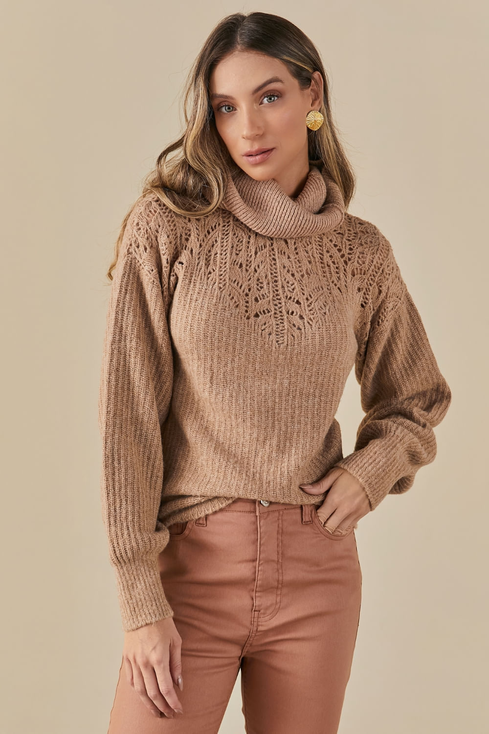 Blusa Tricot Angelina Rendado - Camelo