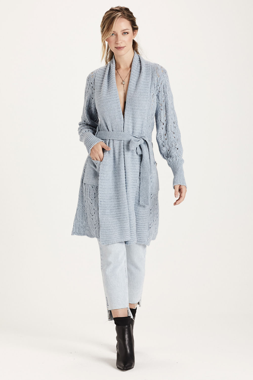 Casaco Comfy Tricot Rendado - Azul Nevada