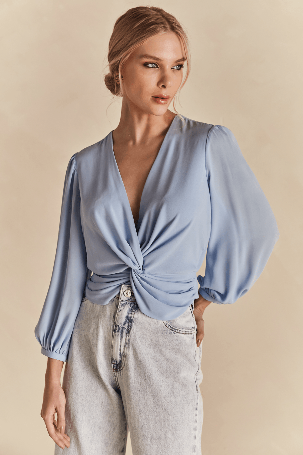 Blusa Chic Manga 7/8 Lua - Azul Capri