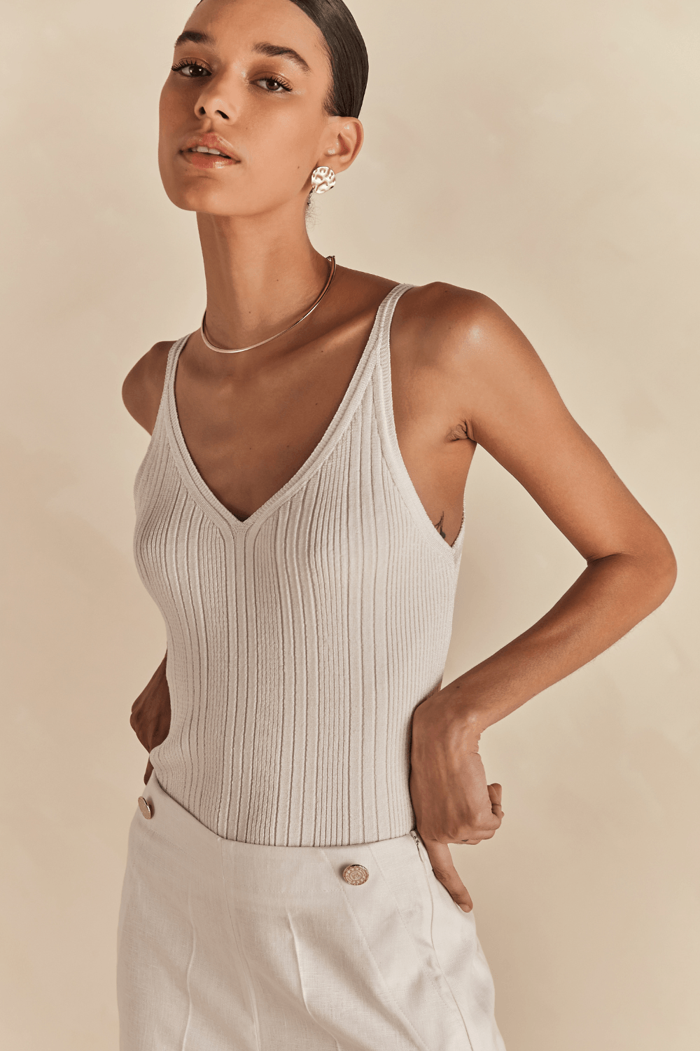 Regata Tricot Nervurado Tina - Branco