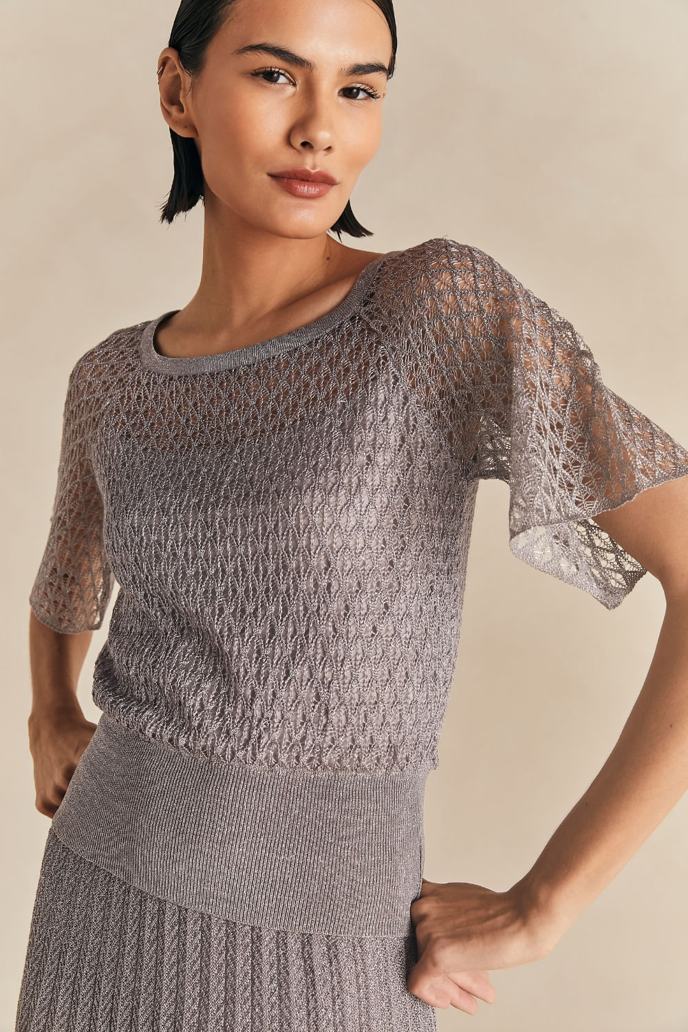 Blusa Tricot Manga Curta Eva Com Lurex - Grafite