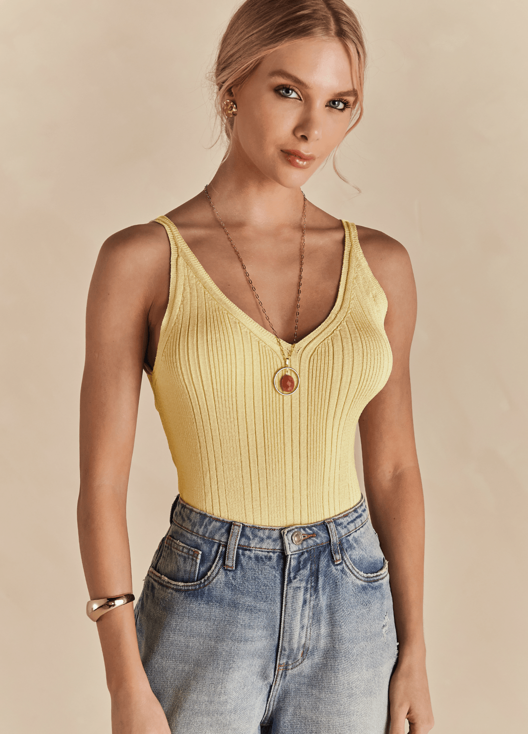 Regata Tricot Nervurado Tina - Amarelo Toscana