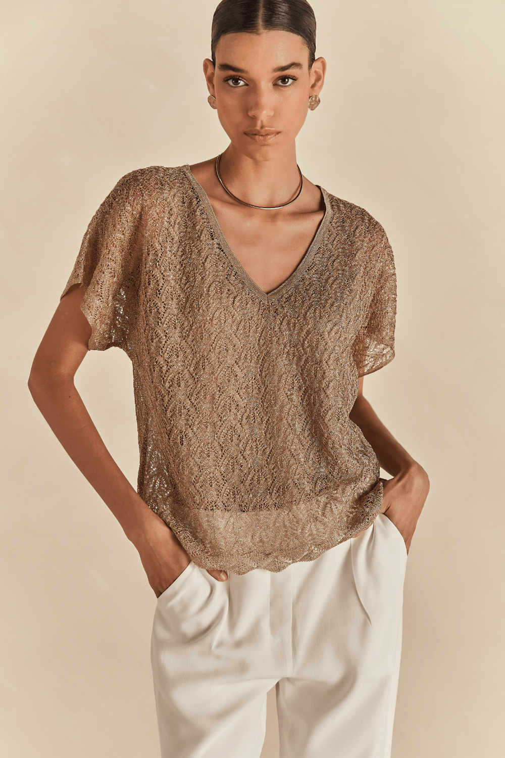 Blusa Tricot Antonella Lurex Rendado - Ouro