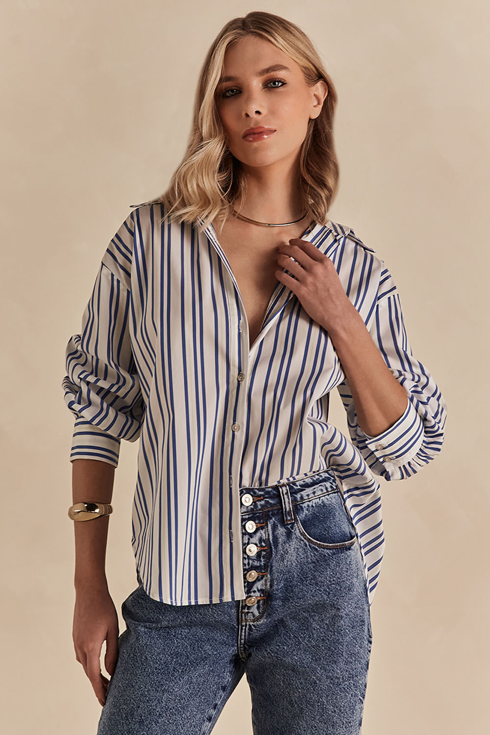 Camisa Chic Classica Listrada Joana - Azul.