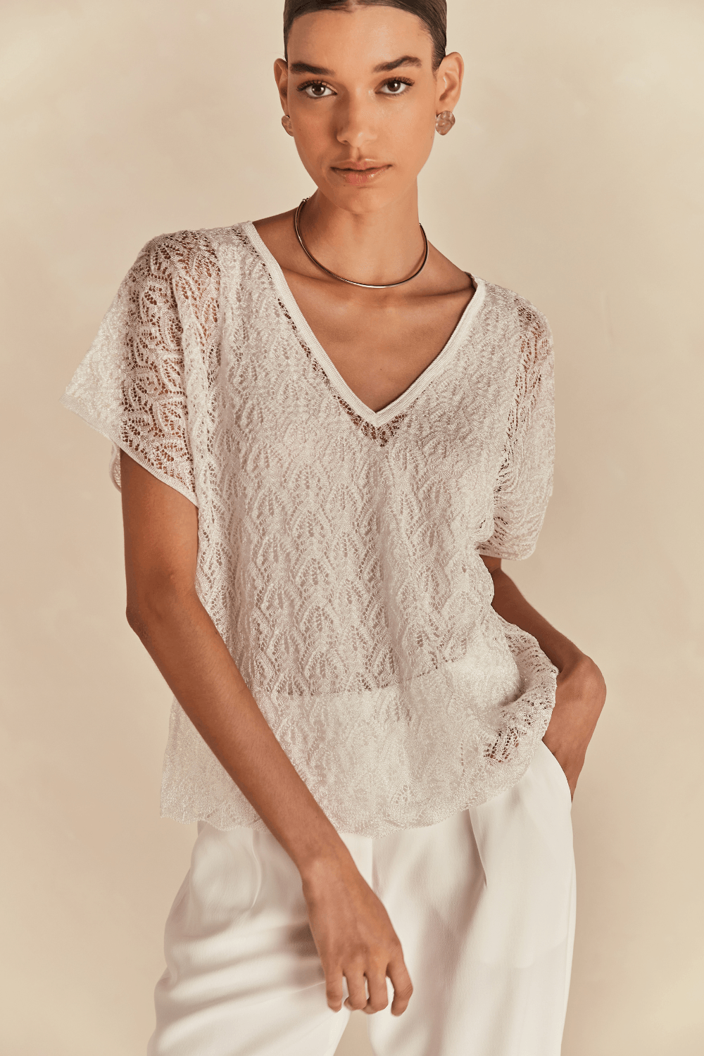 Blusa Tricot Antonella Rendado - Off White