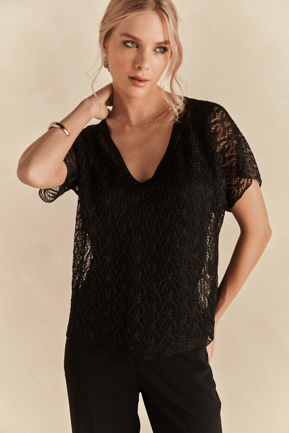 Blusa Tricot Antonella Lurex Rendado - Preto