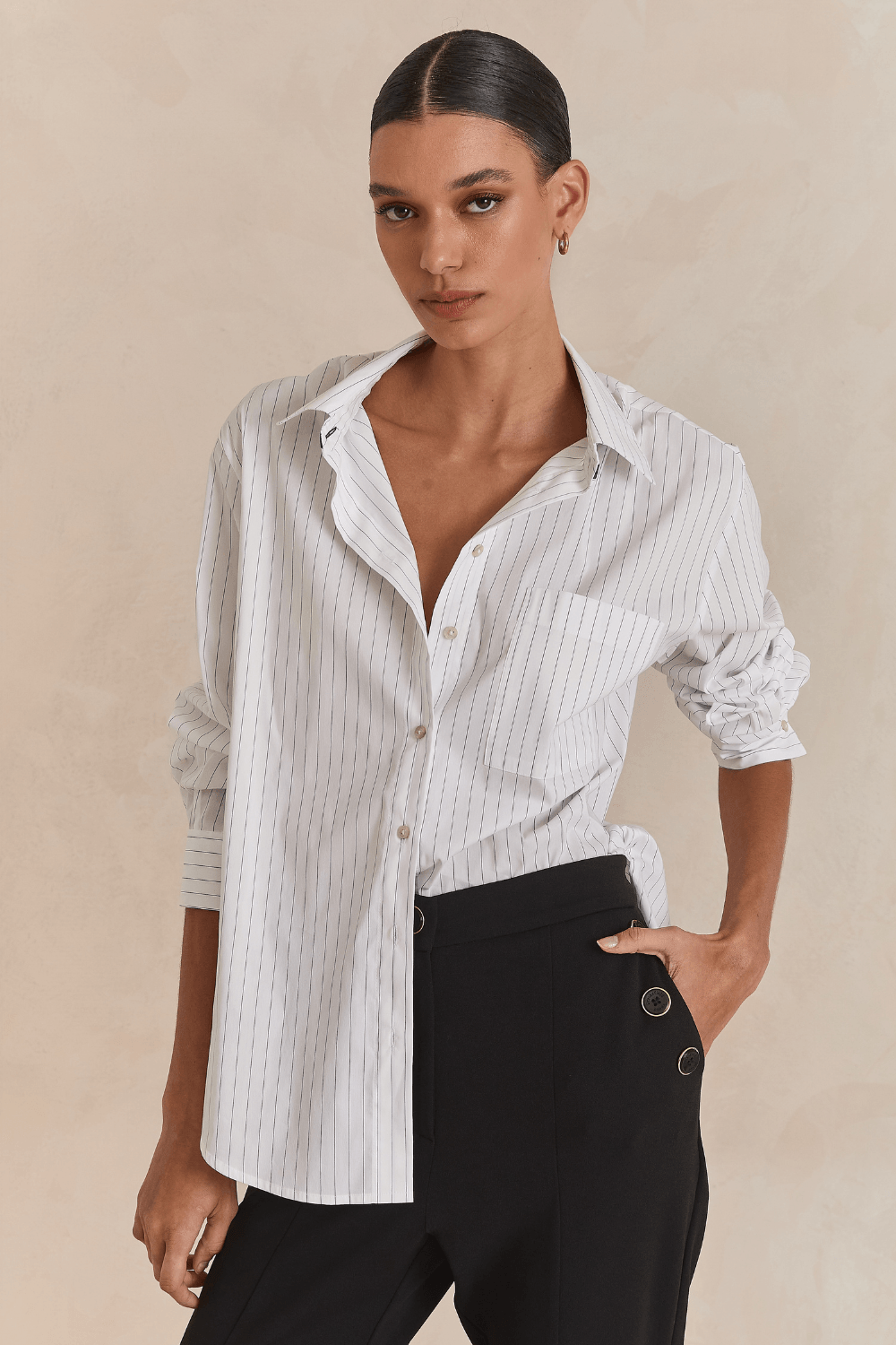 Camisa Listrada Bolso Algodao Egipicio - Off C/ Marinho