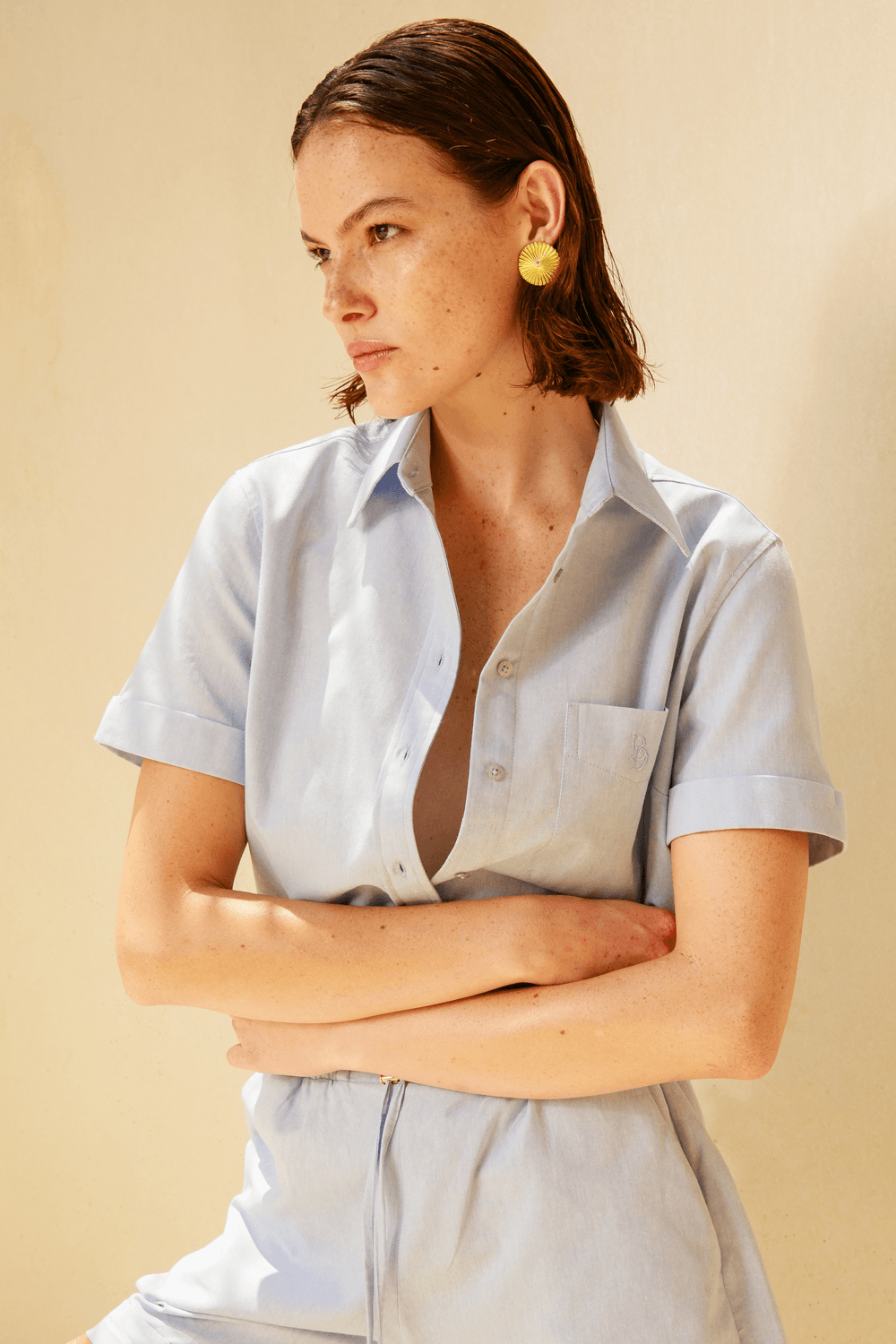 Camisa Oxford Manga Curta Com Bolsos - Azul