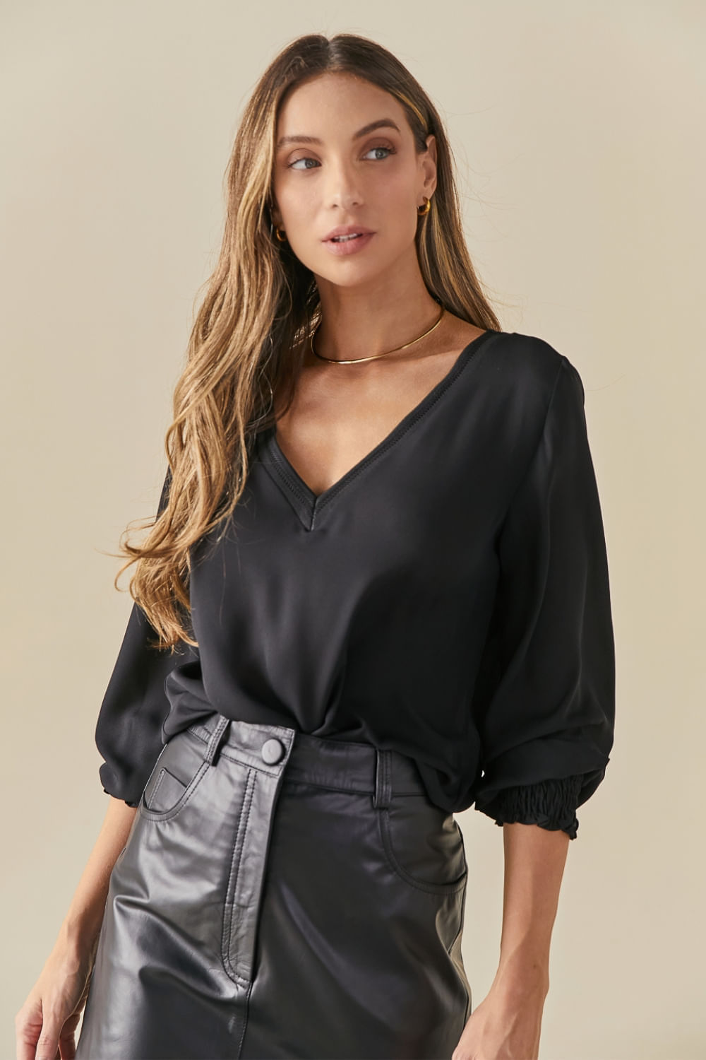 Blusa Chic Manga Longa Anna - Preto