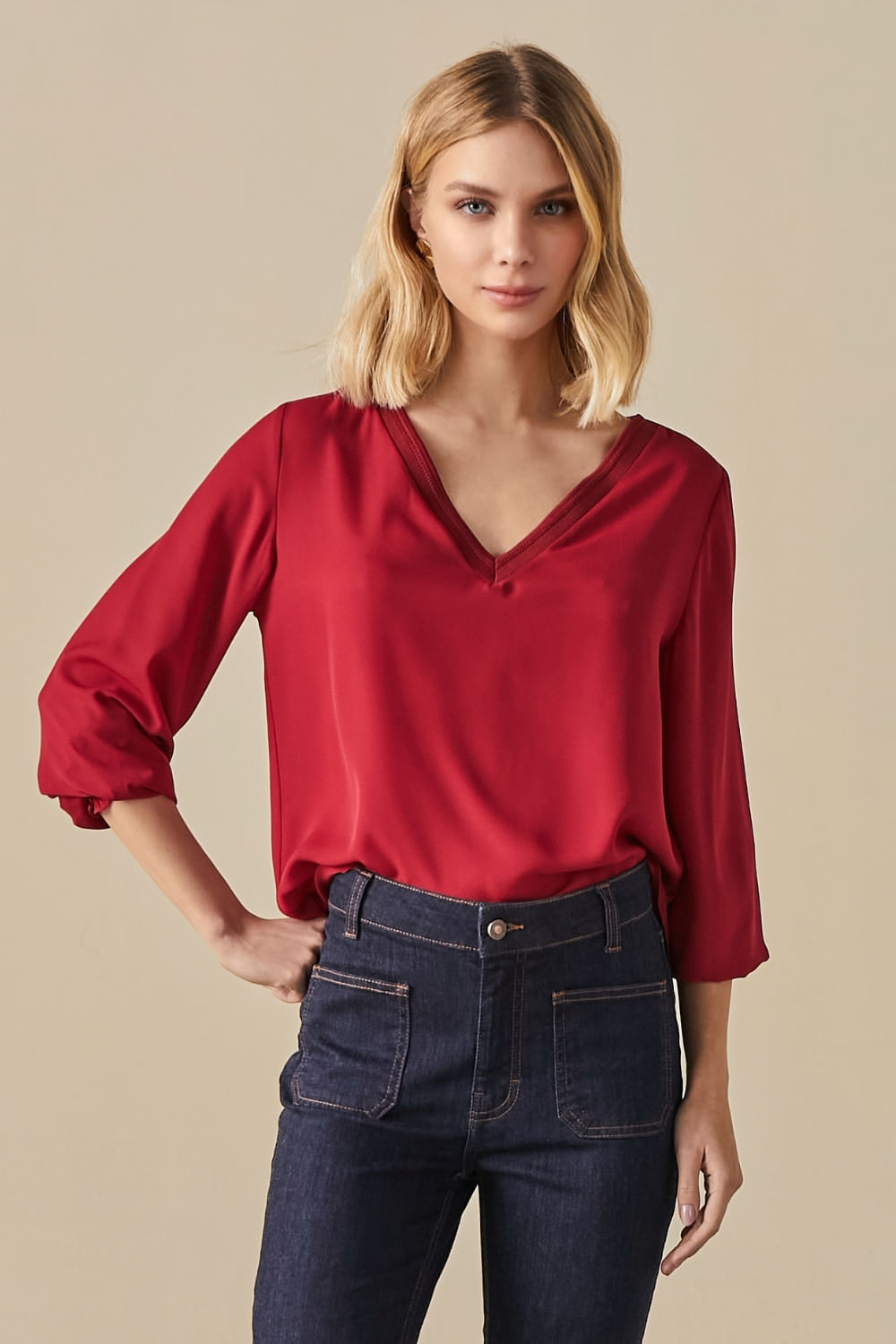 Blusa Chic Manga Longa Anna - Vermelho Rubi