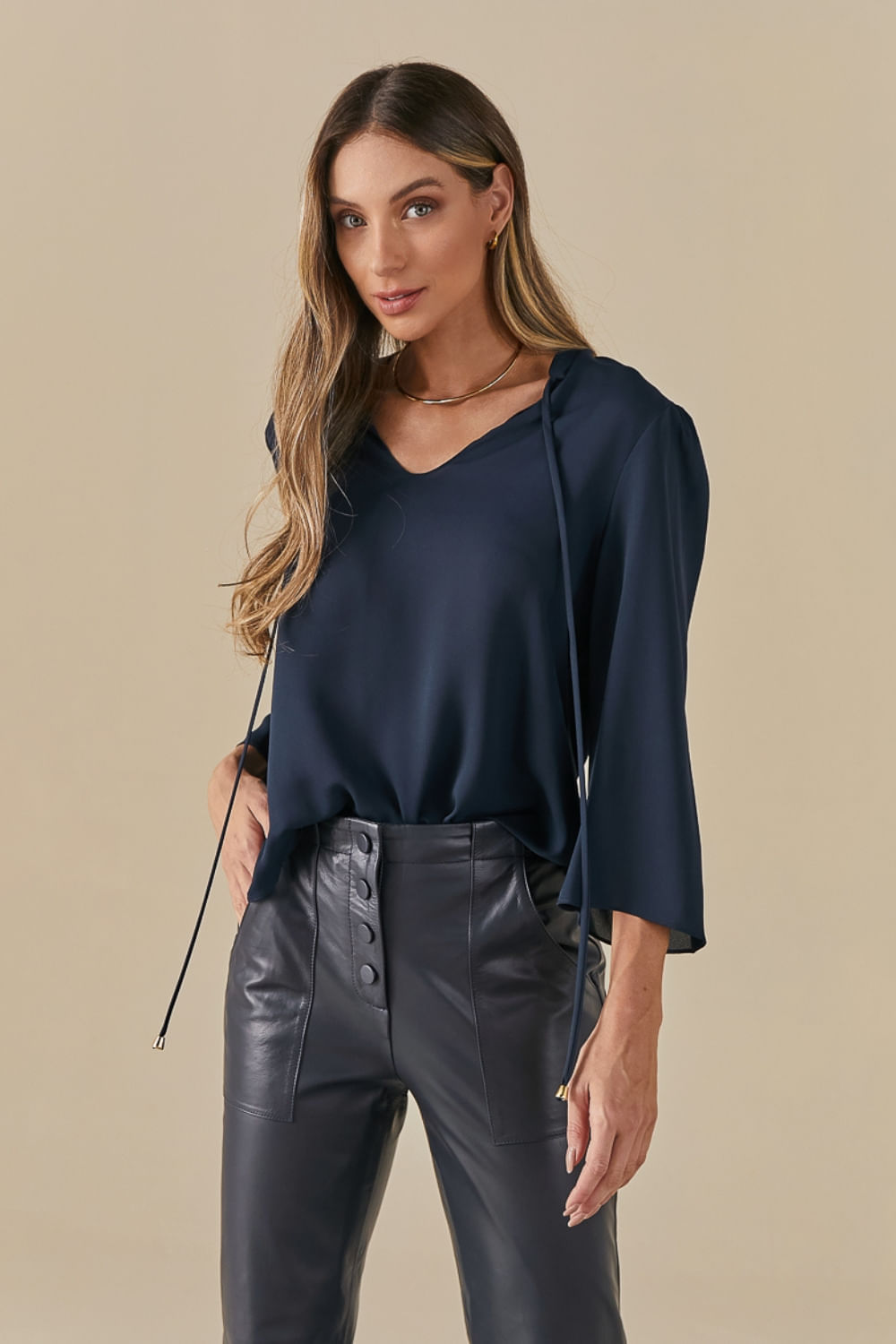 Blusa Chic Manga Longa Isadora - Marinho