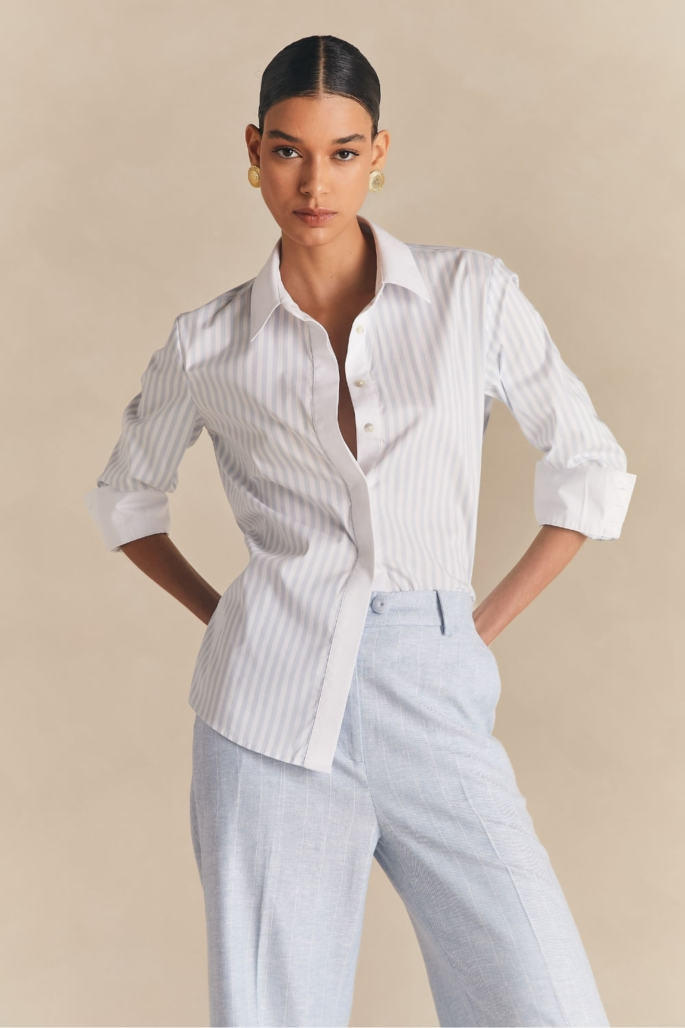 Camisa Alfaiataria Ml Listrada Erica - Azul Capri