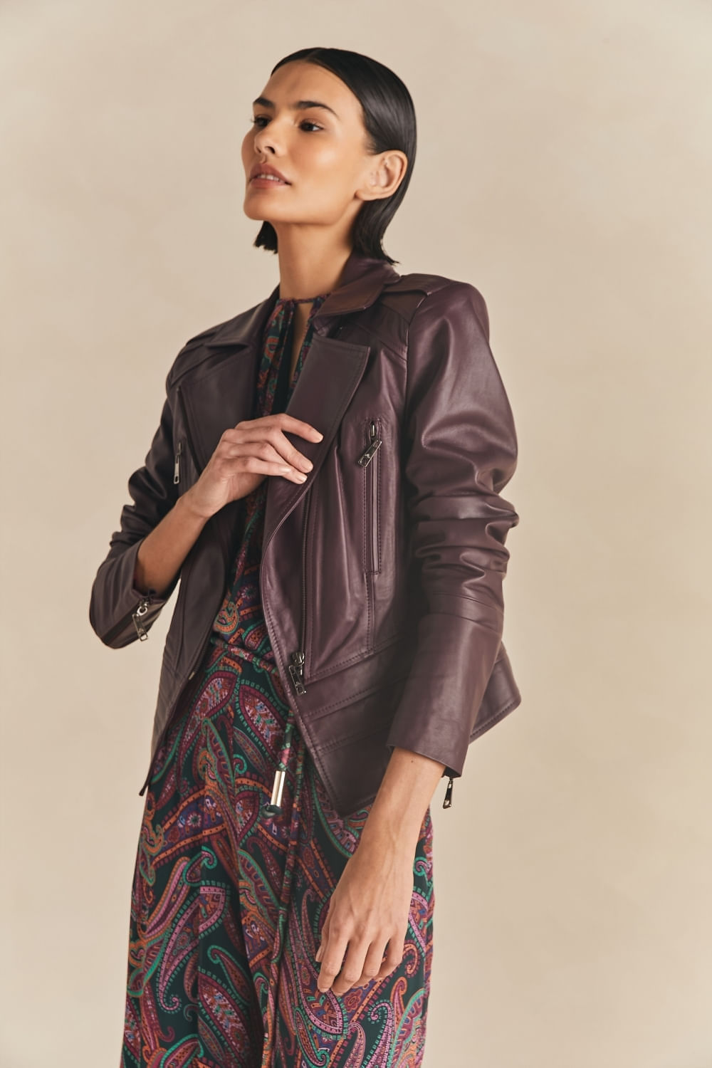 Jaqueta Couro Biker Pelica Com Ziper - Uva Syrah