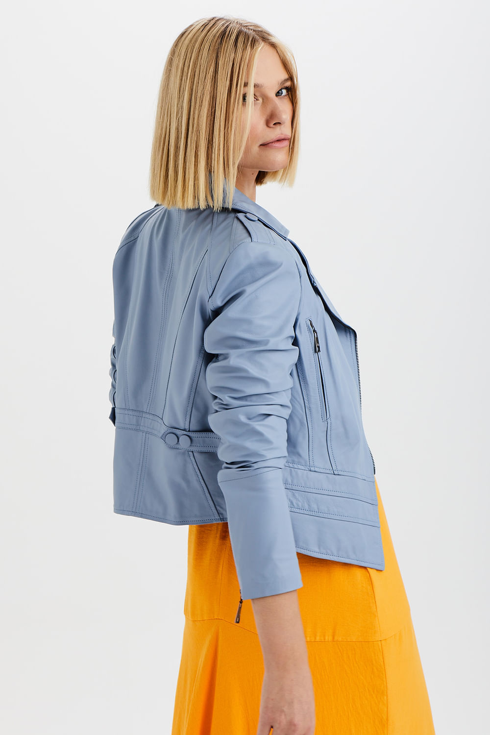 Jaqueta Couro Biker Pelica Com Ziper - Azul Sky