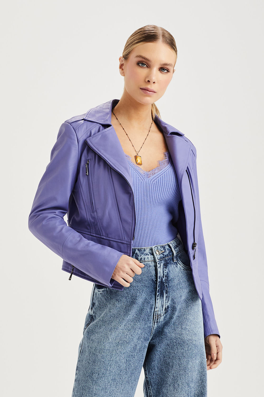 Jaqueta Couro Biker Pelica Com Ziper - Violeta Very Peri