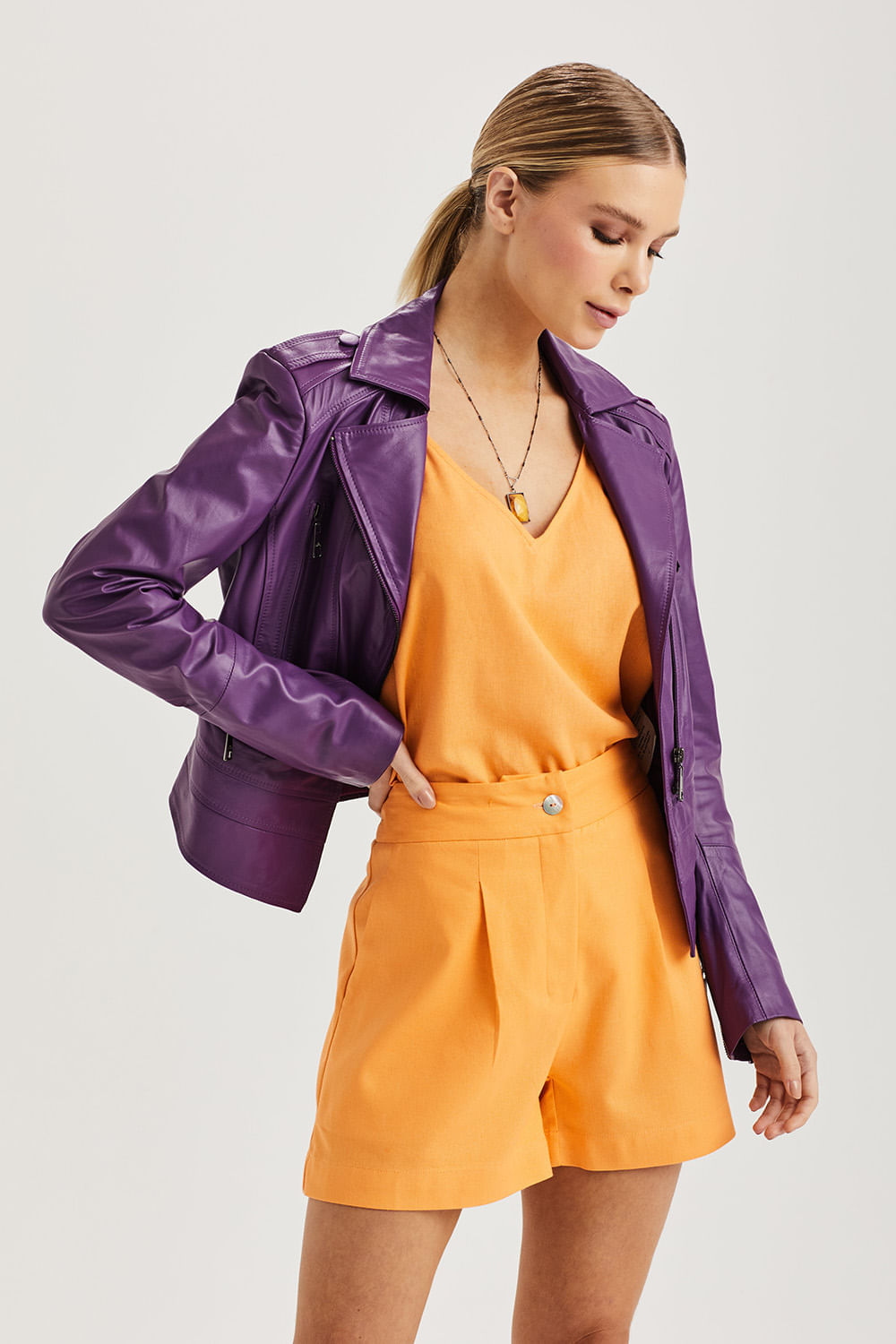 Jaqueta Couro Biker Pelica Com Ziper - Roxo Iris