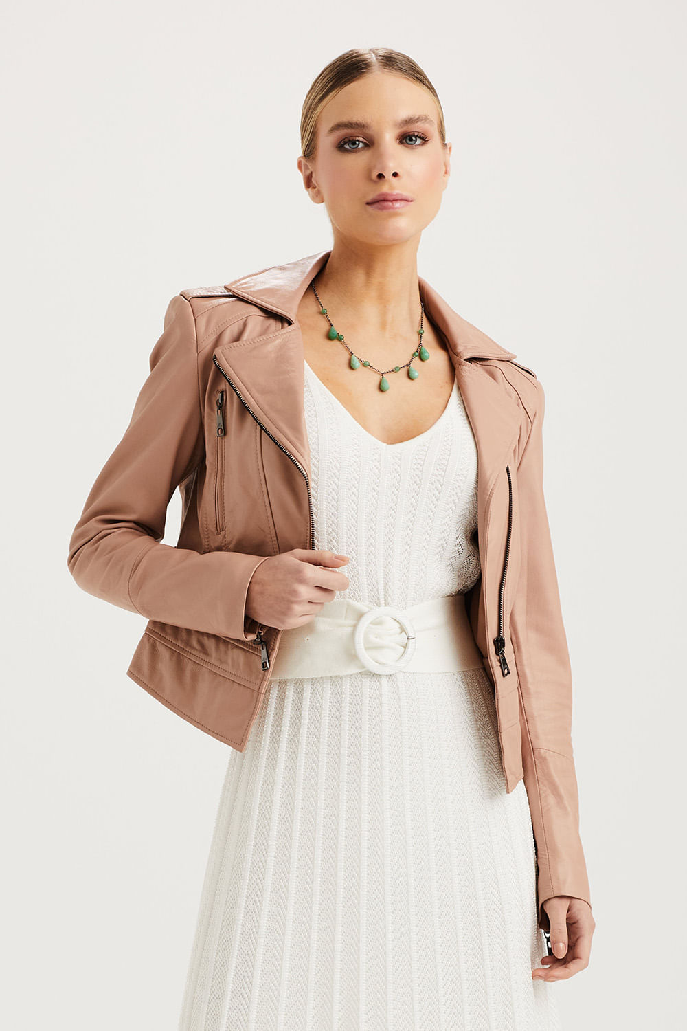 Jaqueta Couro Biker Pelica Com Ziper - Blush Nude
