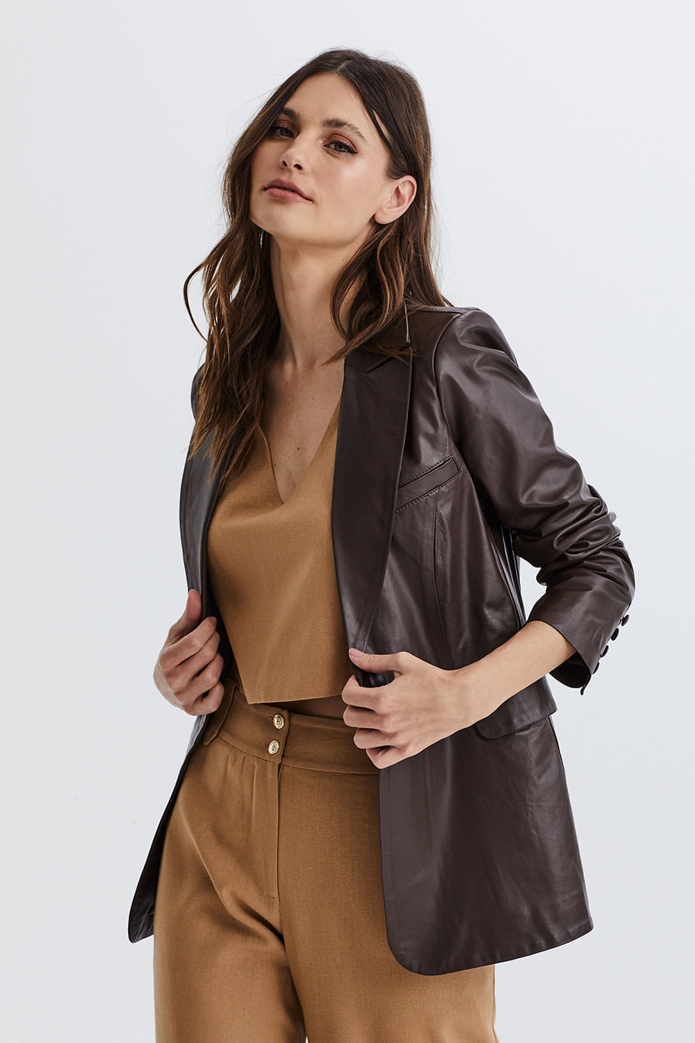 Blazer Couro Bolsos C/ Vivos - Café