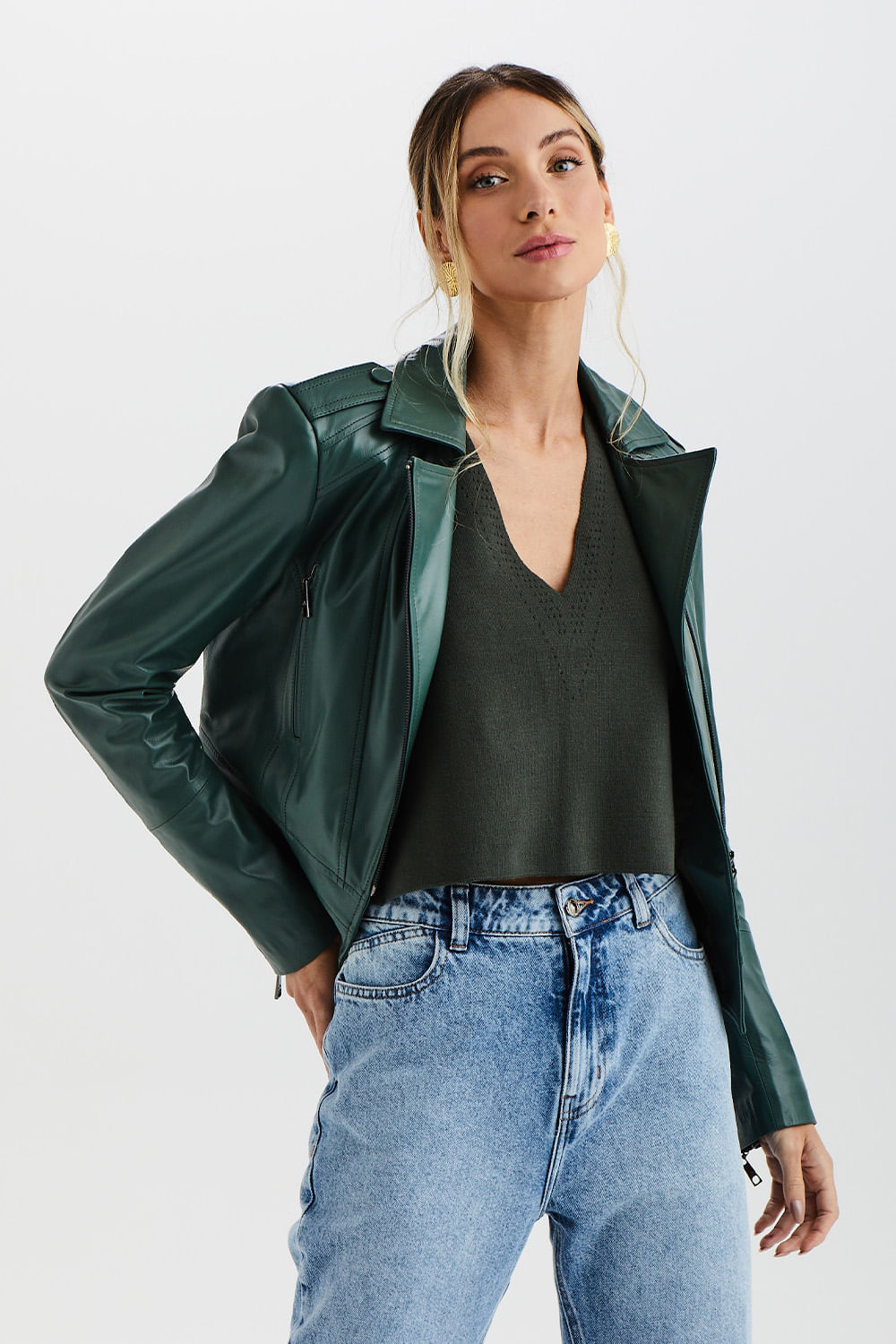 Jaqueta Couro Biker Pelica Com Ziper - Verde Milos