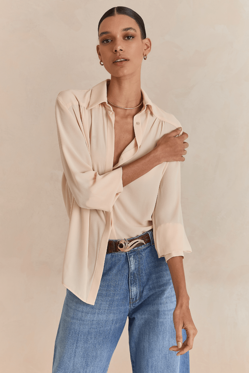 Camisa Chic Manga Longa Sabrina - Creme