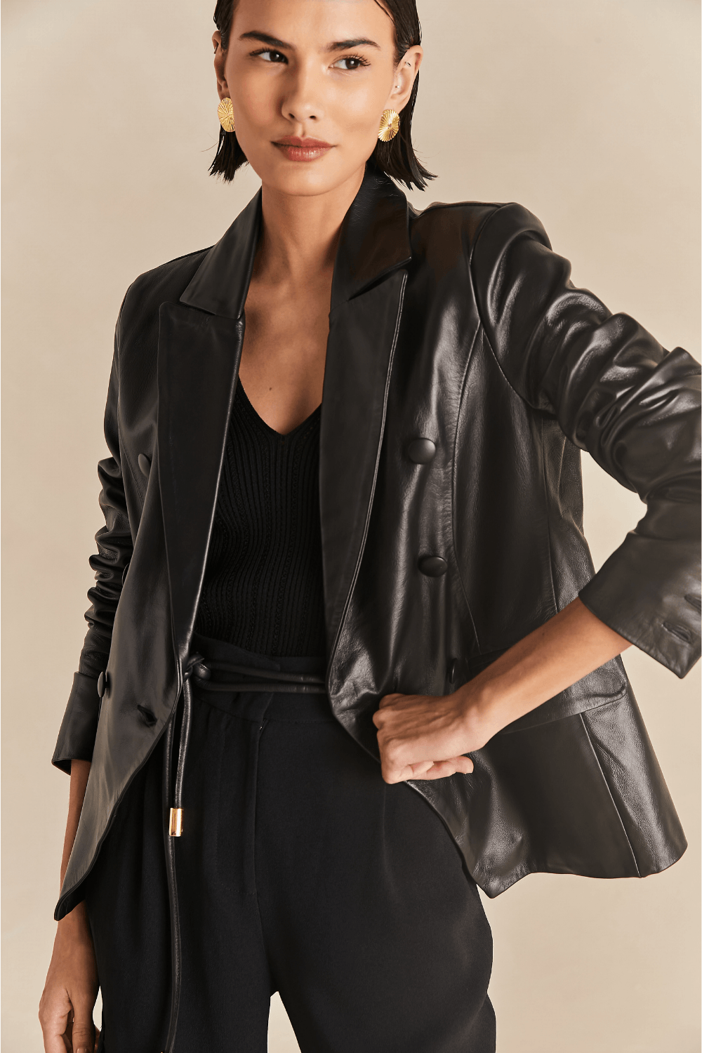 Blazer Couro Transpassado C/ Botões - Preto