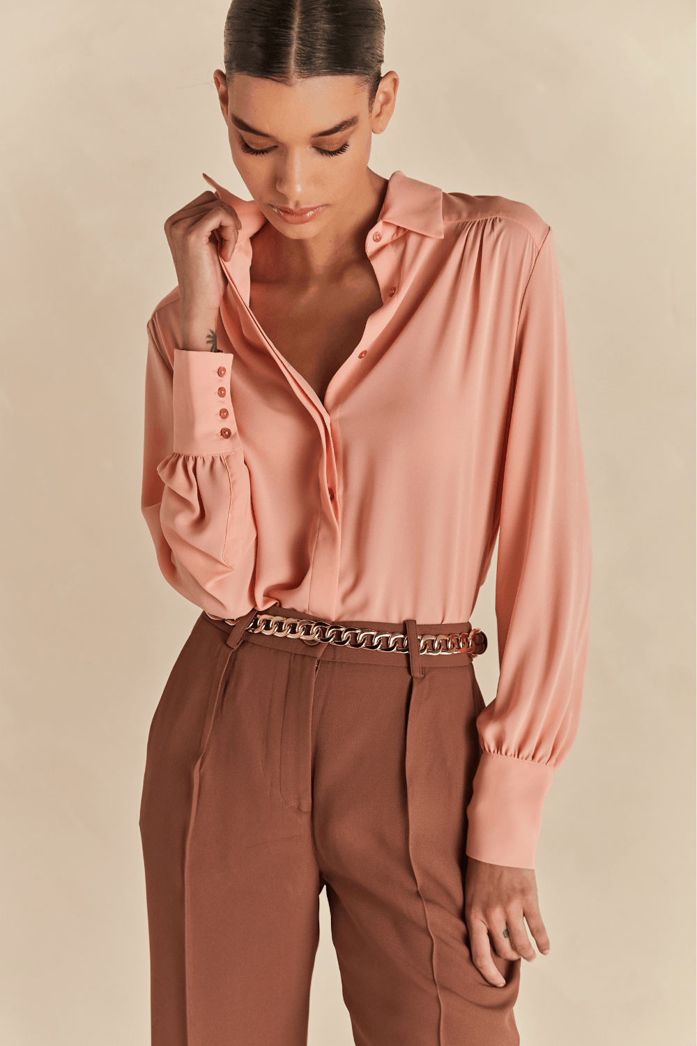 Camisa Chic Manga Longa Sabrina - Pessego Frizz