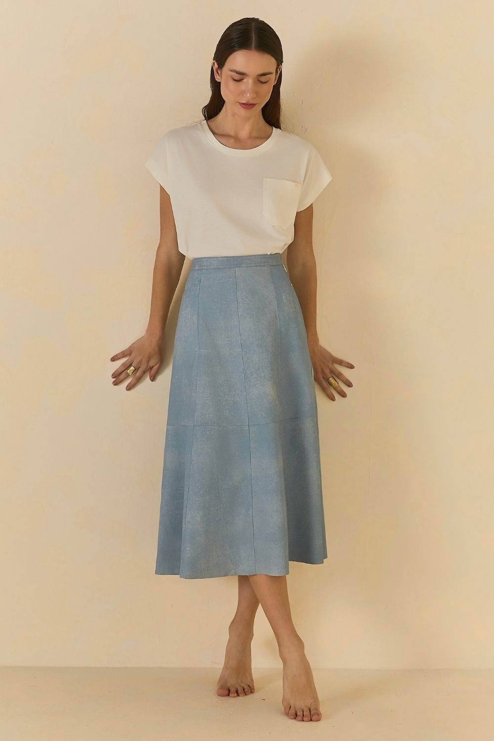 Saia Couro Evase Lixado - Denim