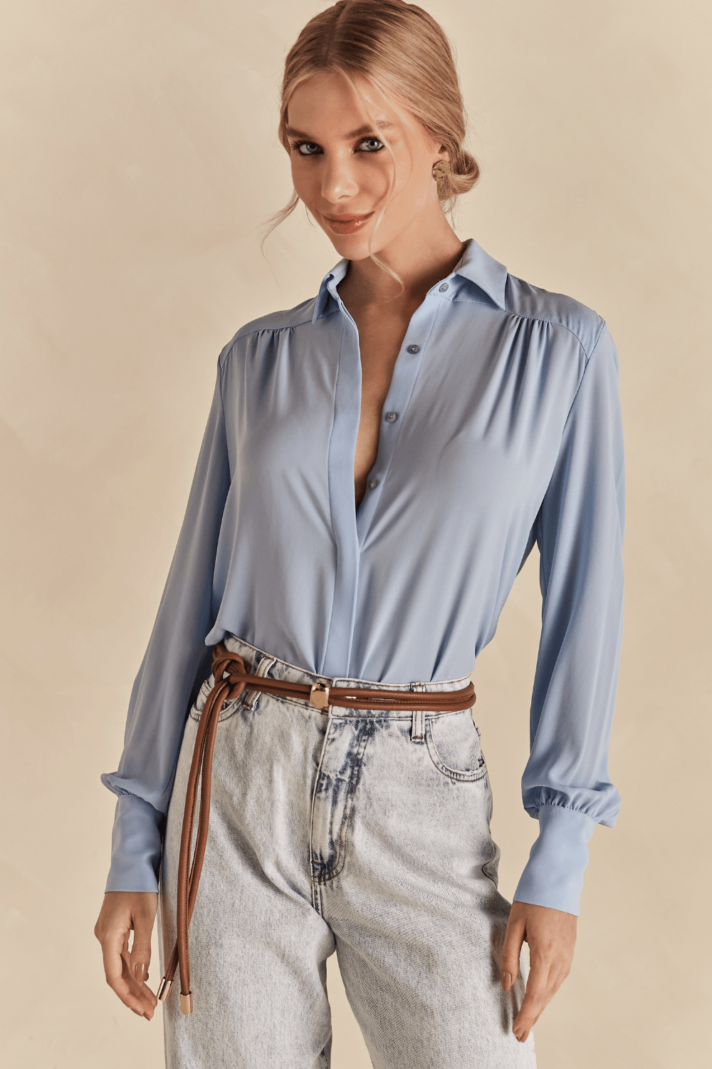 Camisa Chic Manga Longa Sabrina - Azul Capri