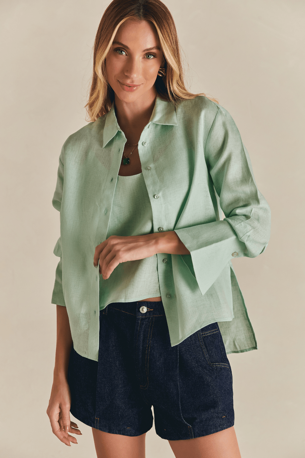 Camisa Linho Casual Manga Longa Mari - Verde Menta