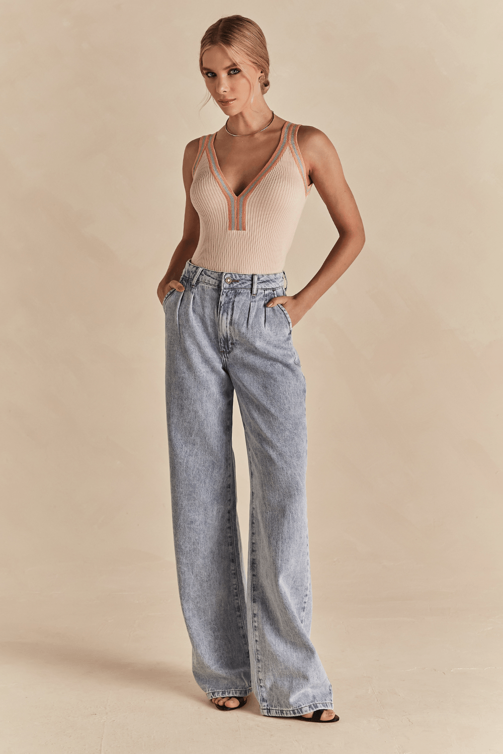 Calça Jeans Wide Leg Veridiana Pregas - Azul