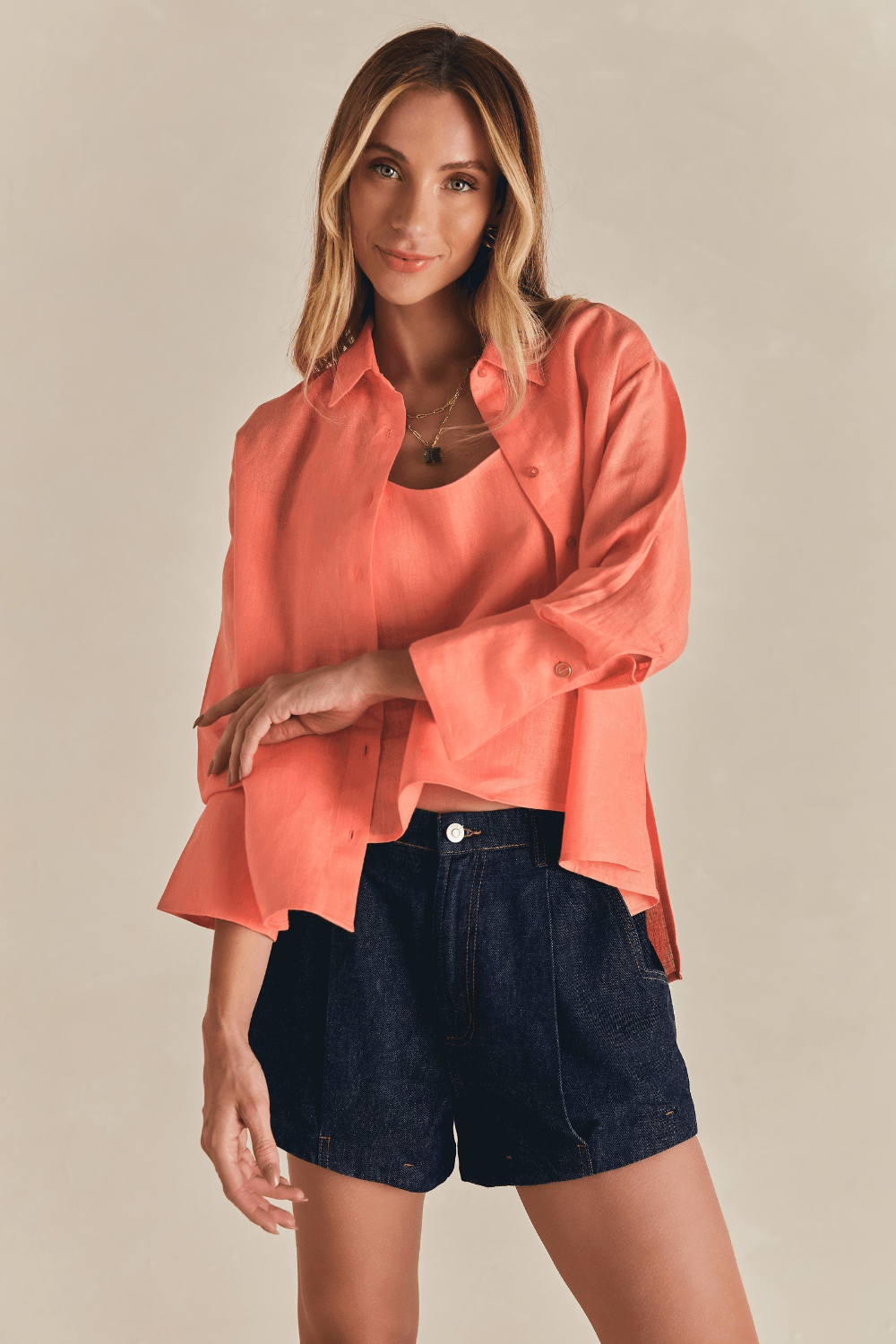 Camisa Linho Casual Manga Longa Mari - Coral Spritz