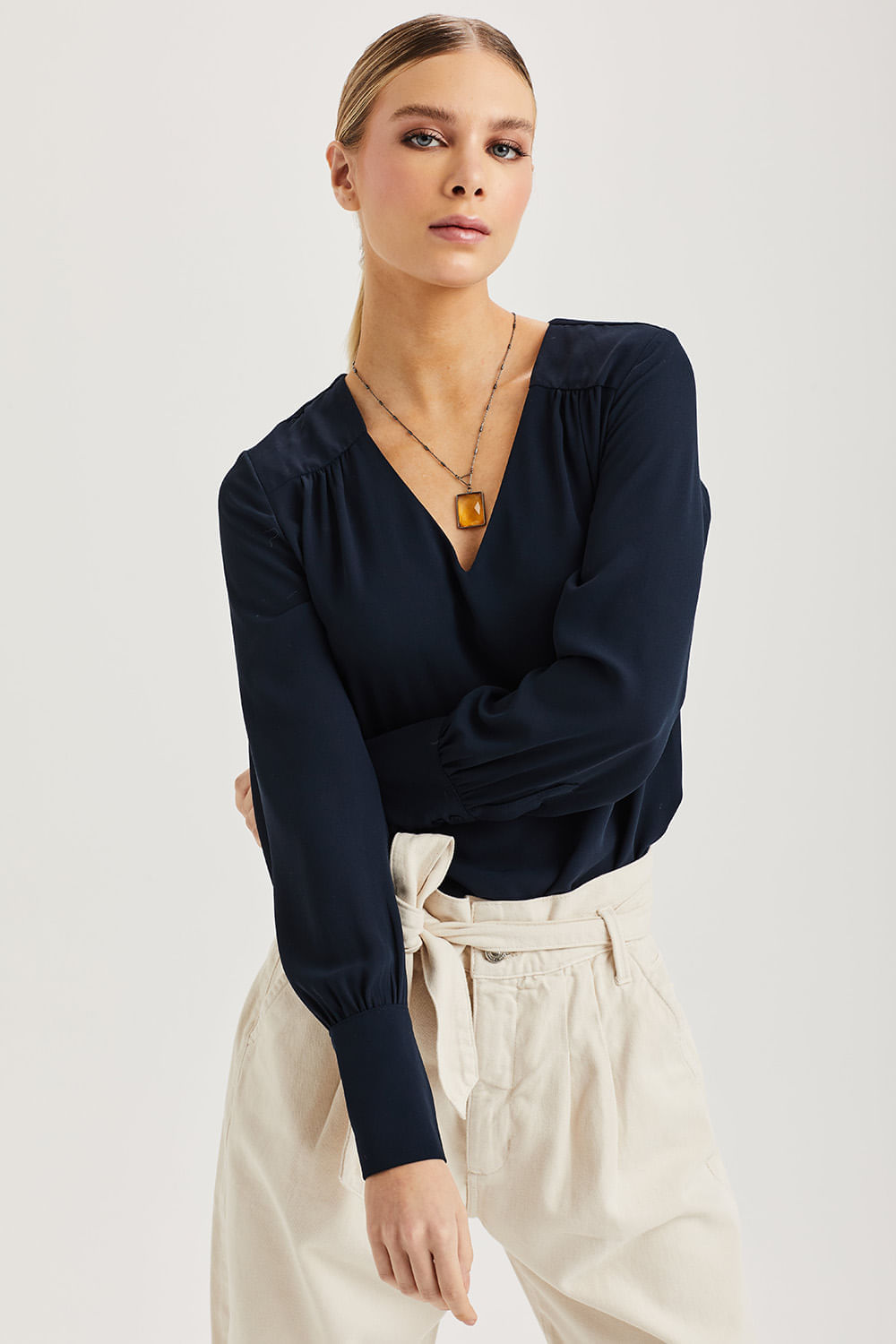 Blusa Chic Manga Longa Essential Nina - Marinho
