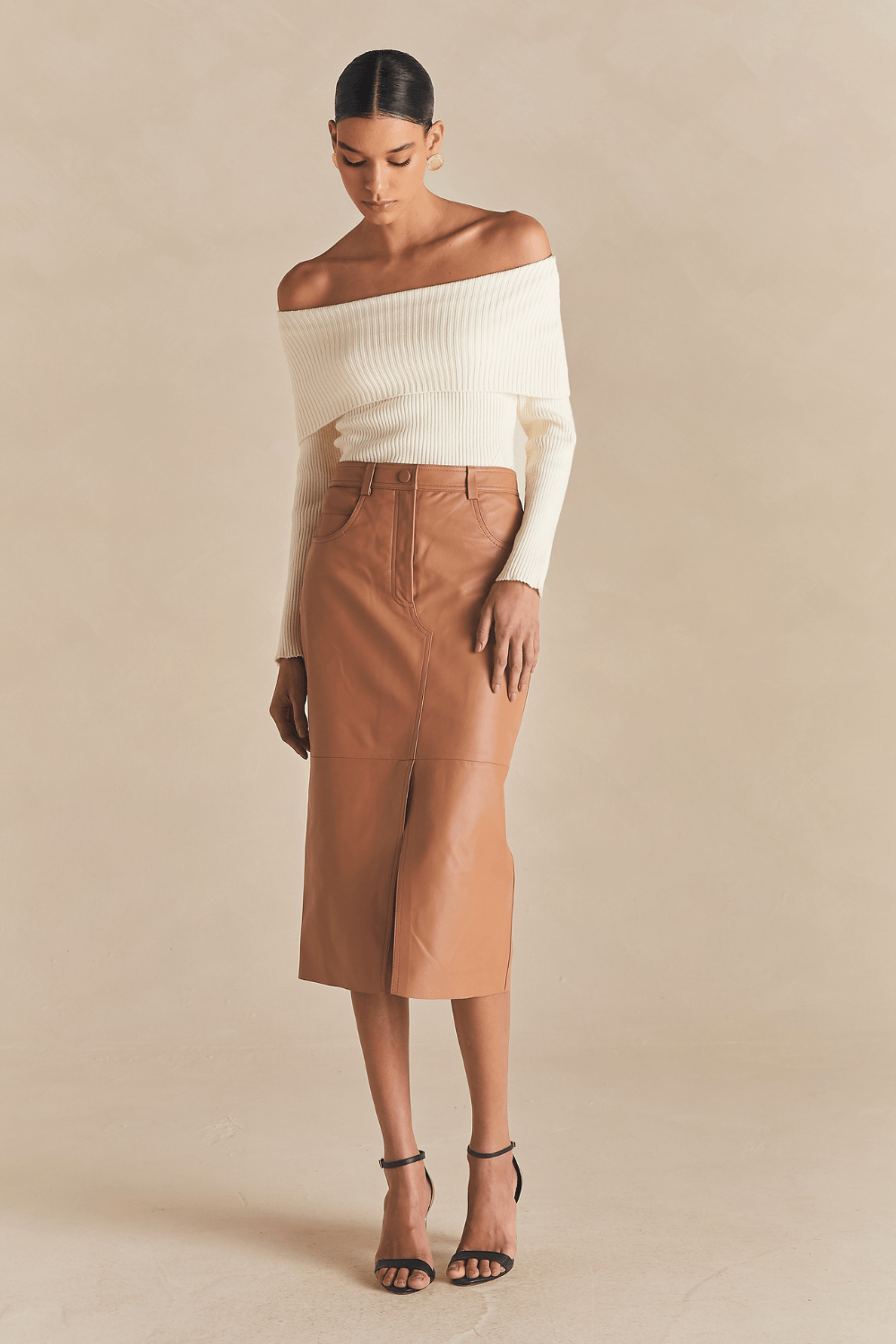 Saia Couro Agata Five Pockets - Camelo