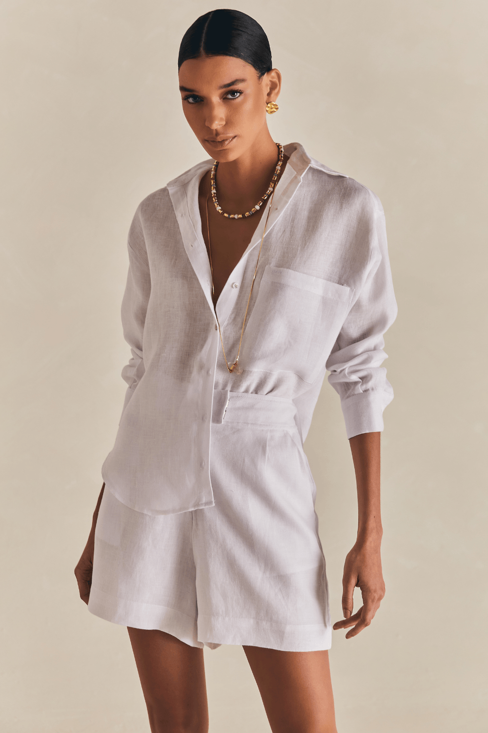 Camisa Casual Manga Longa Linho Flora - Branco