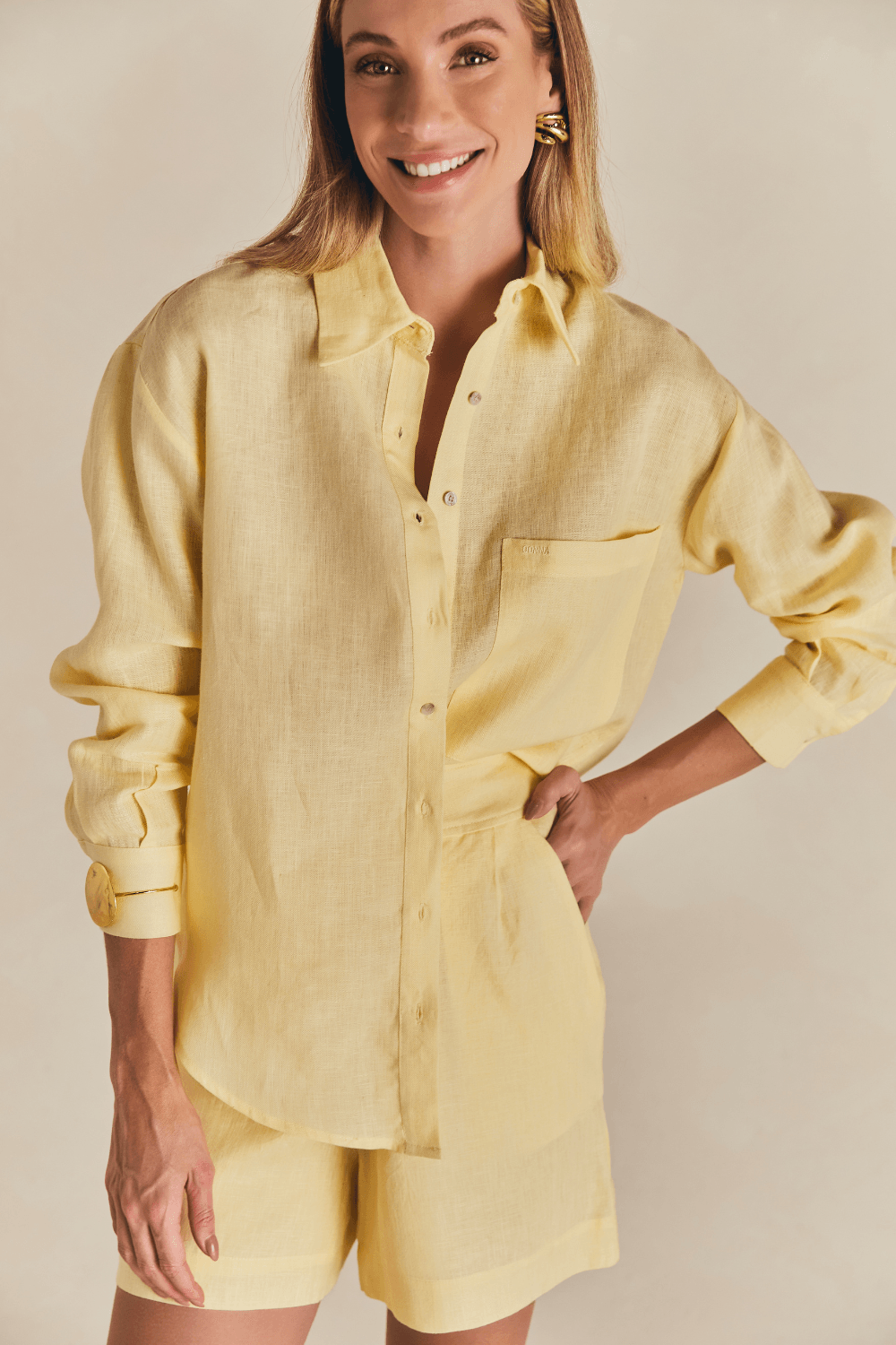 Camisa Casual Manga Longa Linho Flora - Amarelo