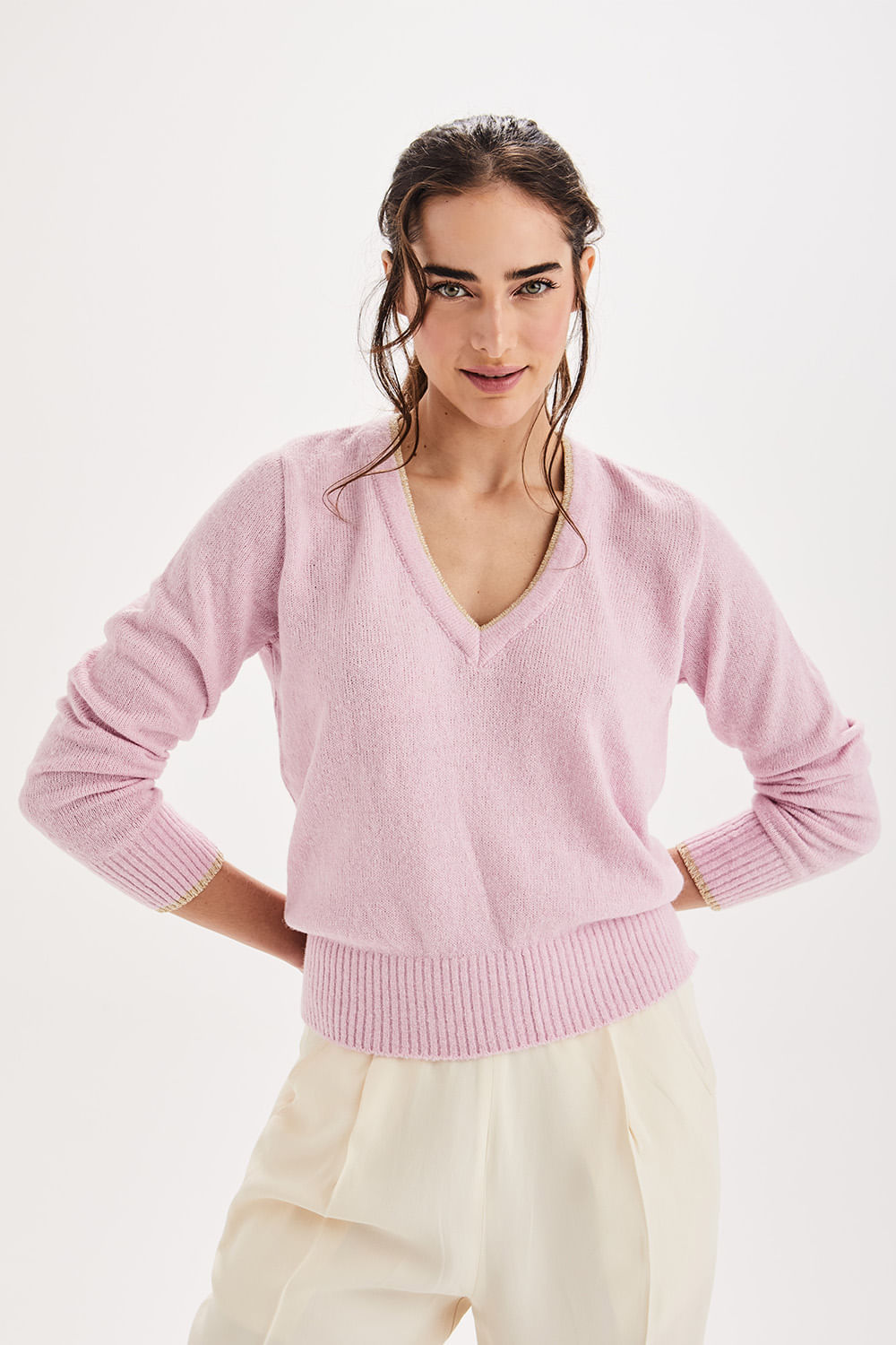 Blusa Tricot Color Friso Lurex - Rosa Sweet