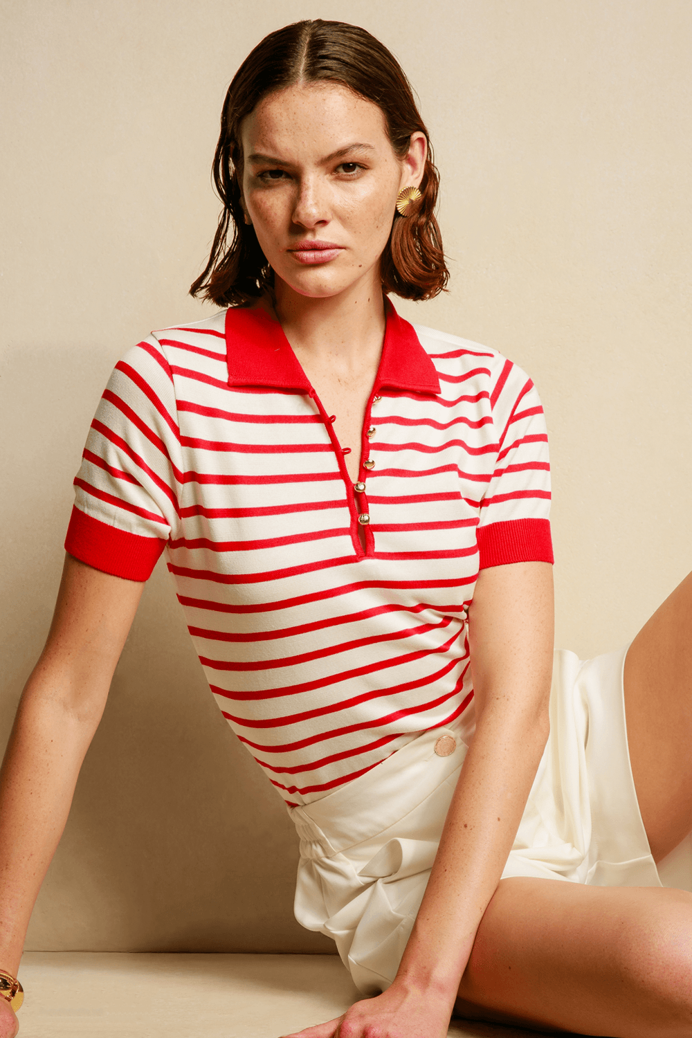 Polo Tricot Julie Listrado - Vermelho