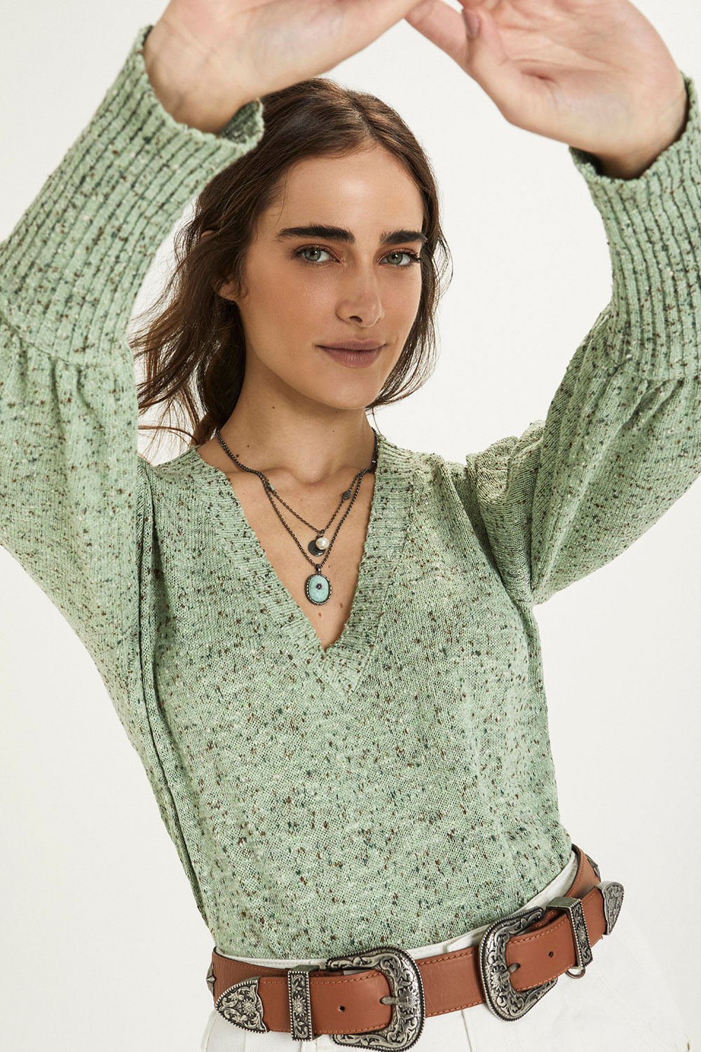 Blusa Tricot Tweed Color - Verde Ice Cream
