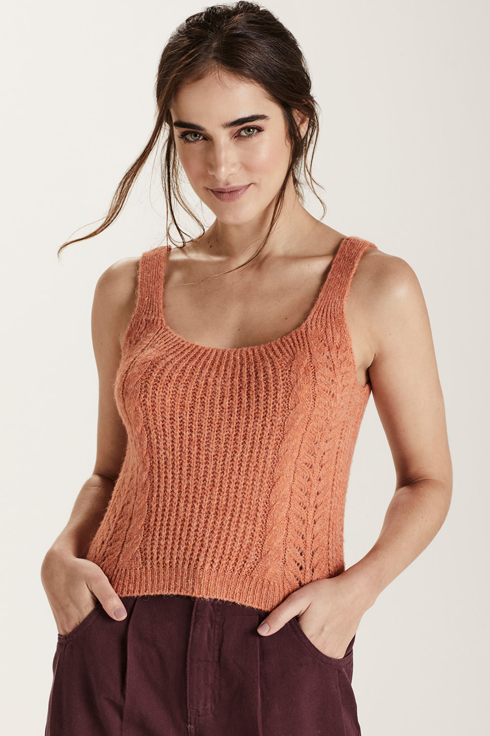 Blusa Tricot Cropped Mix Pontos - Laranja Papoula