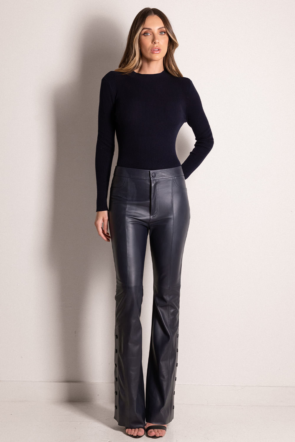 Calça Couro Com Malha Petra Flare Black - Marinho