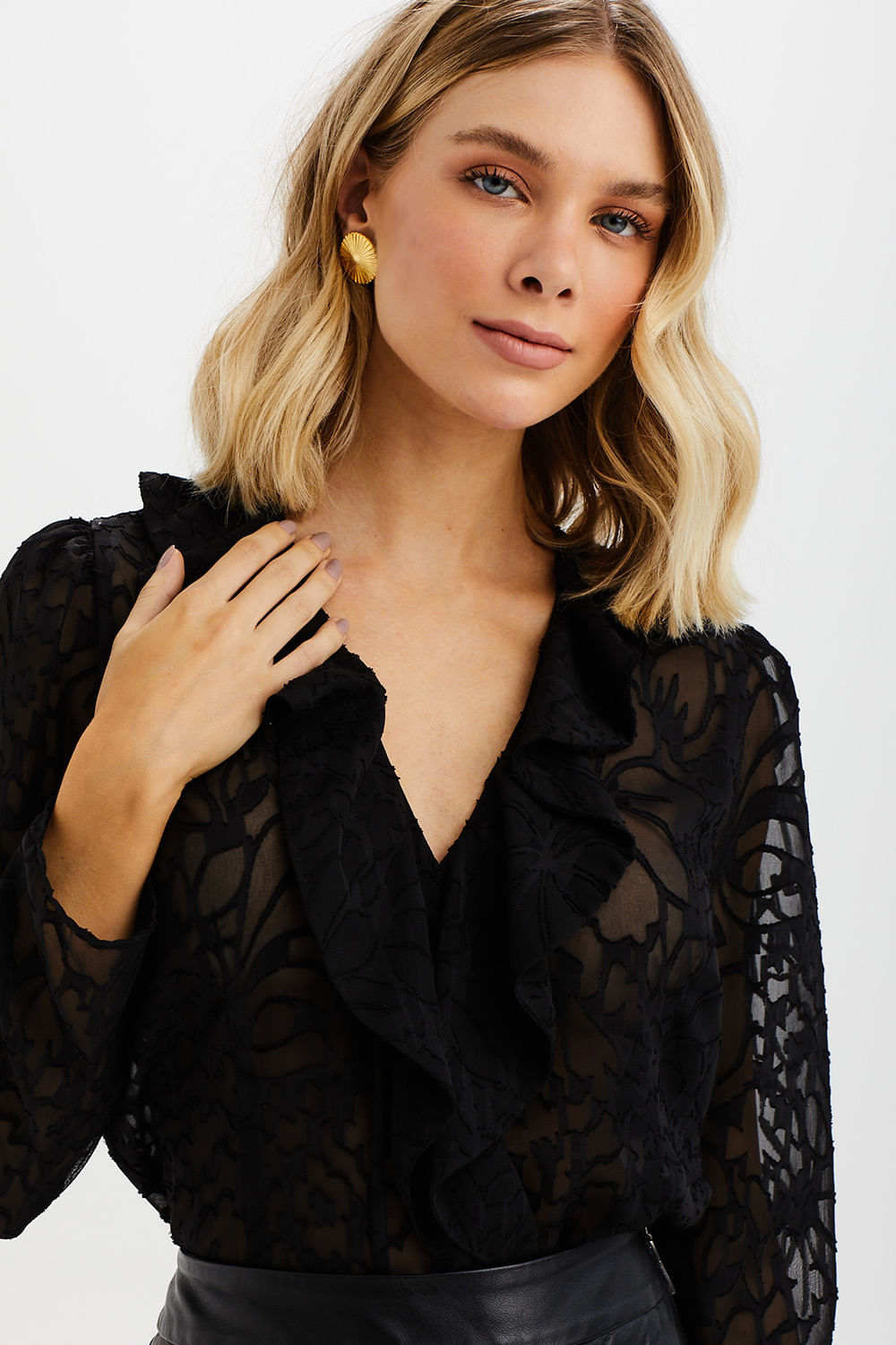 Blusa Fashion Manga Longa Babados Devorê - Preto